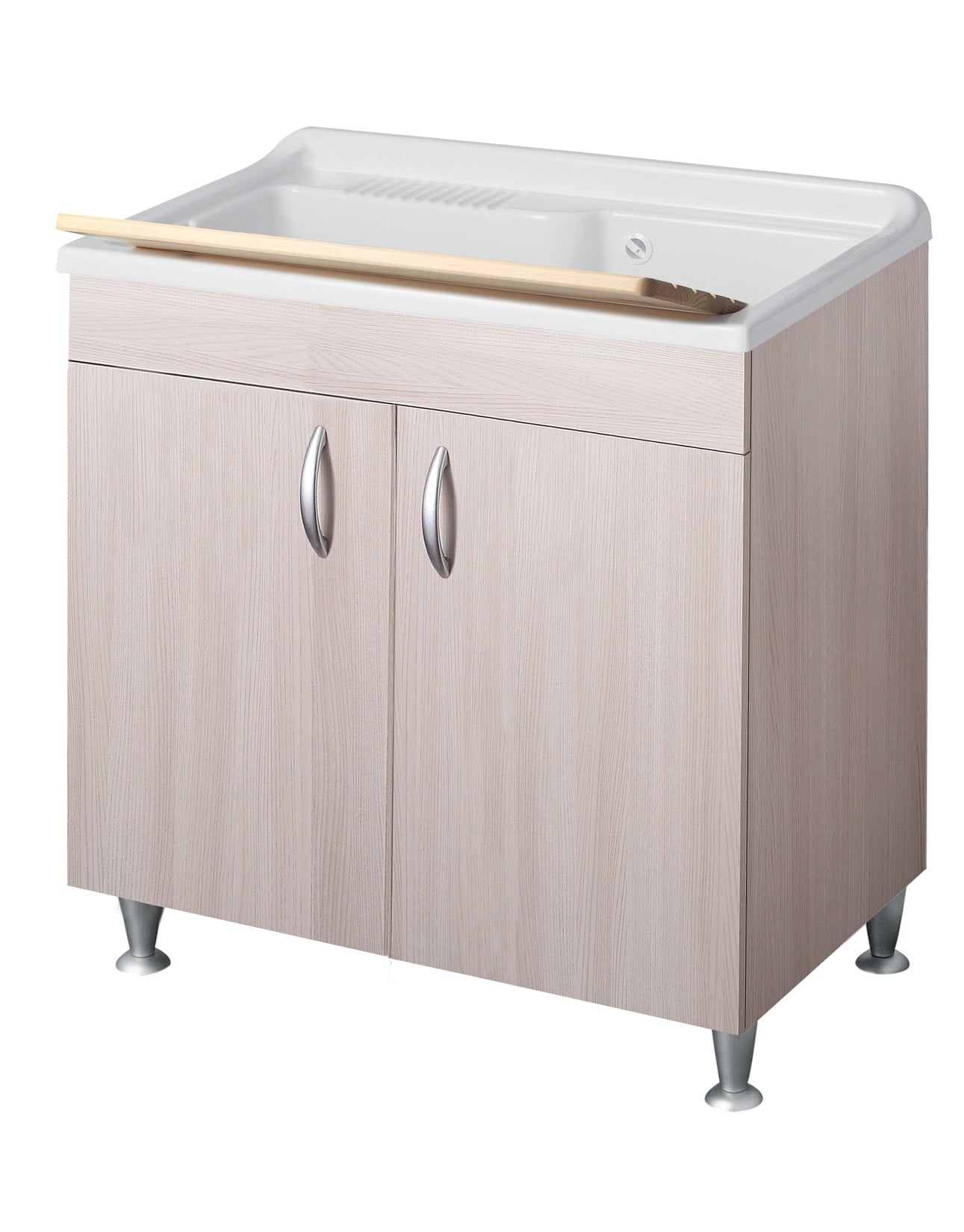 Negrari Eco Lavatoio Montato Misura 80x50 L80 P50 H85 cm Colore Olmo Interno Bagno Lavanderia Base Mobile Nobilitato Idrofugo Legno Vasca Grande Polipropilene Asse Lavaggio Pino Verniciato Piedini Regolabili Ante Battenti Economico Qualità Medio Alta