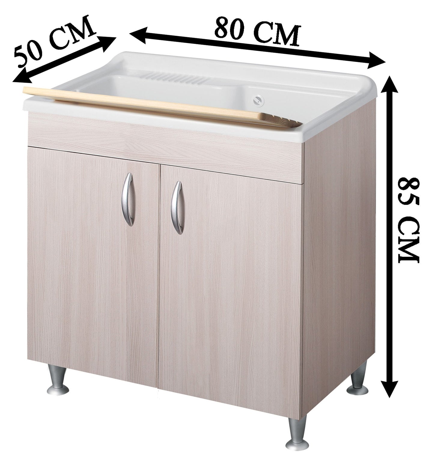 Negrari Eco Lavatoio Montato Misura 80x50 L80 P50 H85 cm Colore Olmo Interno Bagno Lavanderia Base Mobile Nobilitato Idrofugo Legno Vasca Grande Polipropilene Asse Lavaggio Pino Verniciato Piedini Regolabili Ante Battenti Economico Qualità Medio Alta