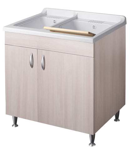 Negrari Eco Lavatoio Montato Misura 75x60 L75 P60 H85 CM Colore Olmo Interno Bagno Lavanderia Base Mobile Nobilitato Idrofugo Legno Vasca Bivasca 2 Vasche Polipropilene Asse Pino Verniciato Piedini Regolabili Ante Battenti Economico Qualità Medio Alta