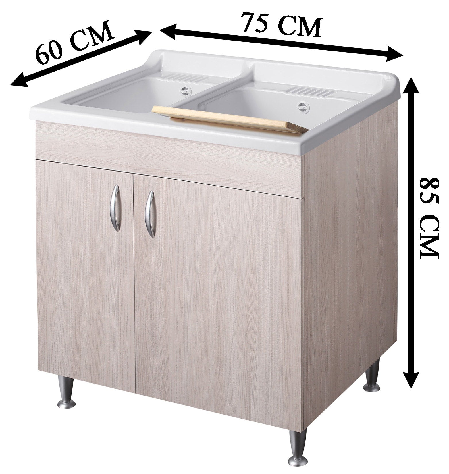 Negrari Eco Lavatoio Montato Misura 75x60 L75 P60 H85 CM Colore Olmo Interno Bagno Lavanderia Base Mobile Nobilitato Idrofugo Legno Vasca Bivasca 2 Vasche Polipropilene Asse Pino Verniciato Piedini Regolabili Ante Battenti Economico Qualità Medio Alta