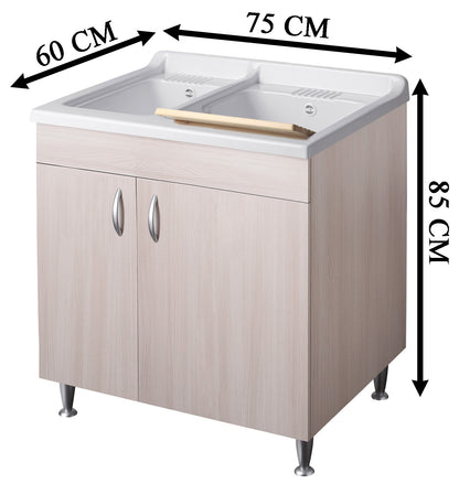 Negrari Eco Lavatoio Montato Misura 75x60 L75 P60 H85 CM Colore Olmo Interno Bagno Lavanderia Base Mobile Nobilitato Idrofugo Legno Vasca Bivasca 2 Vasche Polipropilene Asse Pino Verniciato Piedini Regolabili Ante Battenti Economico Qualità Medio Alta