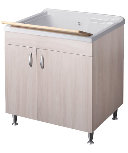 Negrari Eco Lavatoio Montato Misura 75x60 L75 P60 H85 CM Colore Olmo Interno Bagno Lavanderia Base Mobile Nobilitato Idrofugo Legno Vasca Intera Grande Polipropilene Asse Pino Verniciato Piedini Regolabili Ante Battenti Economico Qualità Medio Alta