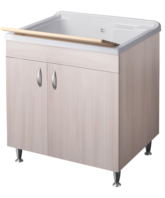 Negrari Eco Lavatoio Montato Misura 75x60 L75 P60 H85 CM Colore Olmo Interno Bagno Lavanderia Base Mobile Nobilitato Idrofugo Legno Vasca Intera Grande Polipropilene Asse Pino Verniciato Piedini Regolabili Ante Battenti Economico Qualità Medio Alta