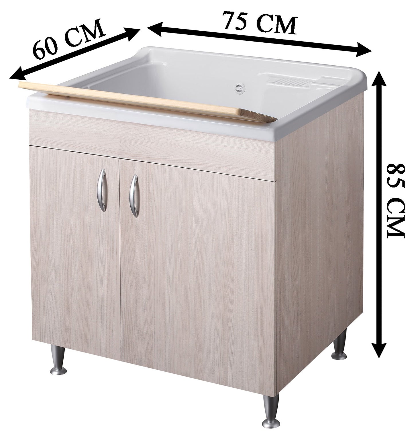 Negrari Eco Lavatoio Montato Misura 75x60 L75 P60 H85 CM Colore Olmo Interno Bagno Lavanderia Base Mobile Nobilitato Idrofugo Legno Vasca Intera Grande Polipropilene Asse Pino Verniciato Piedini Regolabili Ante Battenti Economico Qualità Medio Alta