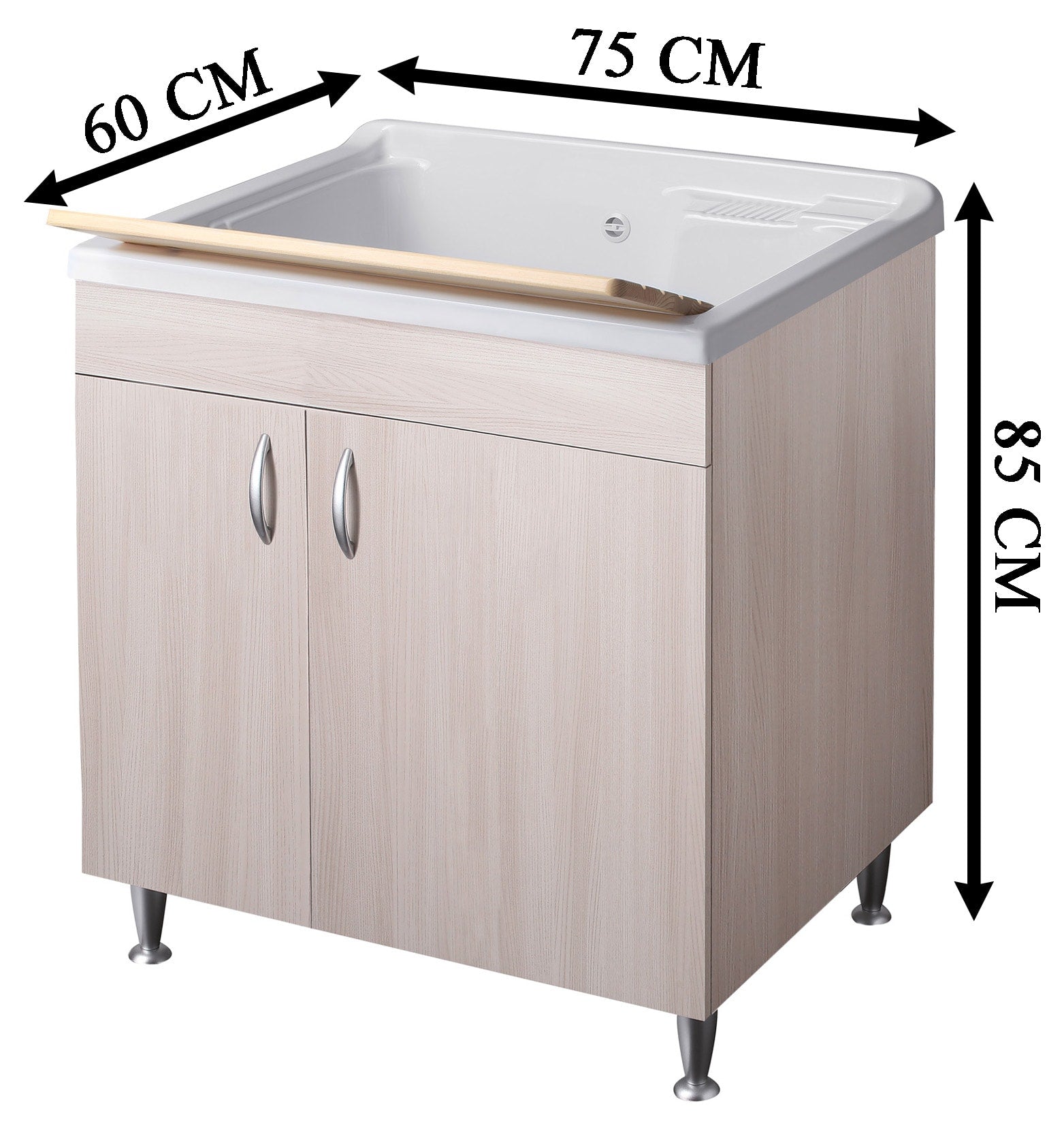 Negrari Eco Lavatoio Montato Misura 75x60 L75 P60 H85 CM Colore Olmo Interno Bagno Lavanderia Base Mobile Nobilitato Idrofugo Legno Vasca Intera Grande Polipropilene Asse Pino Verniciato Piedini Regolabili Ante Battenti Economico Qualità Medio Alta