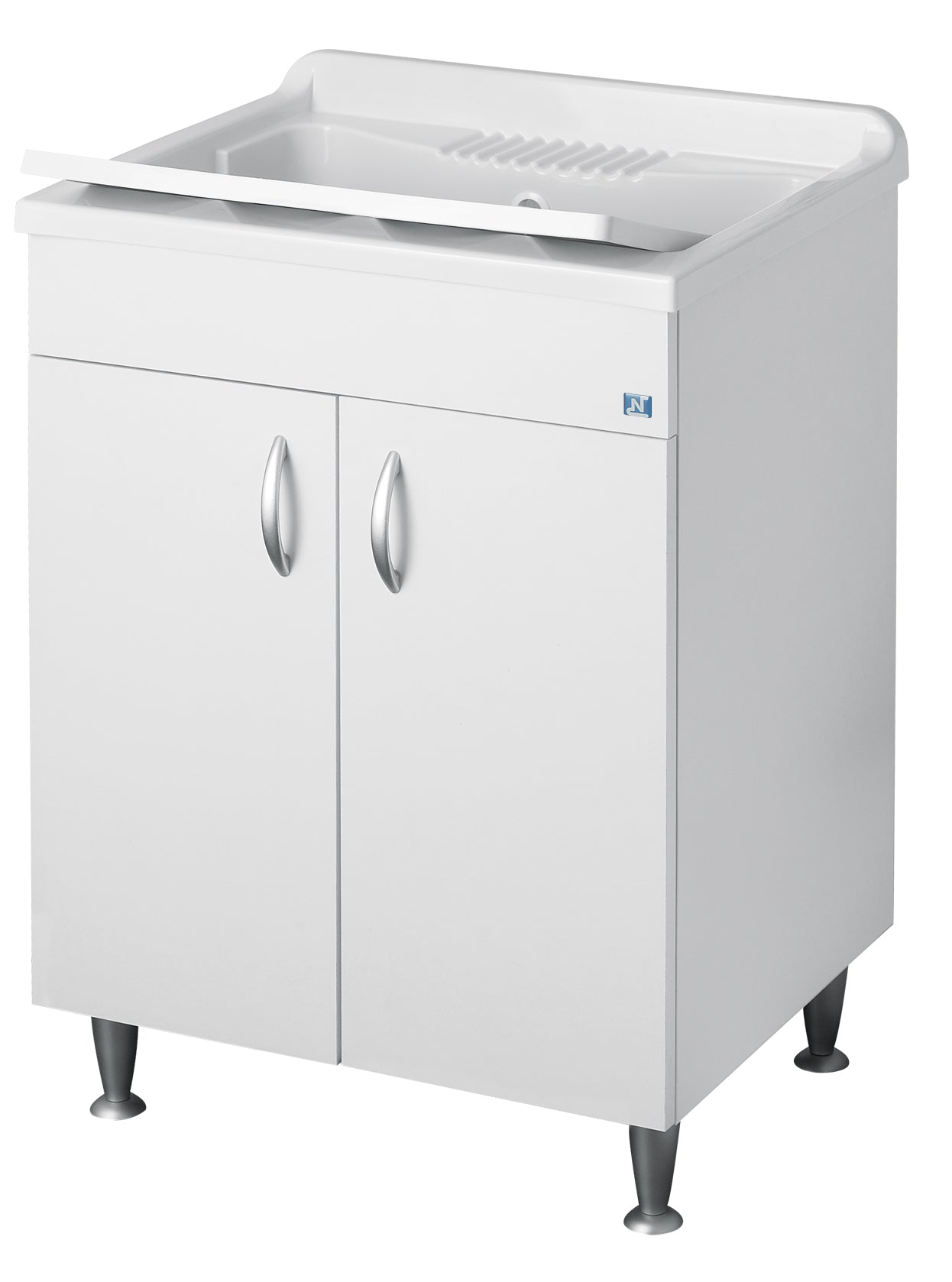 Negrari Eco Lavatoio Bianco Misura 60x45 L60 P45 H85 CM Lavapanni Interno Bagno Lavanderia Base Nobilitato Idrofugo Legno Vasca Lavabo Lavandino Lavello Resina Plastica Asse PP Sifone Piedini Regolabili Ante Sportelli Battenti Economico Qualità Medio Alta