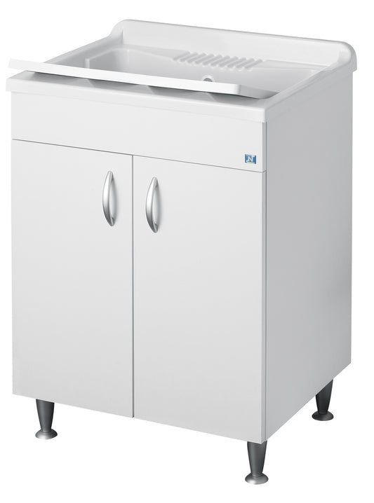 Negrari Eco Lavatoio Bianco Misura 60x60 L60 P60 H85 CM Lavapanni Interno Bagno Lavanderia Base Nobilitato Idrofugo Legno Vasca Lavabo Lavandino Lavello Resina Plastica Asse PP Sifone Piedini Regolabili Ante Sportelli Battenti Economico Qualità Medio Alta