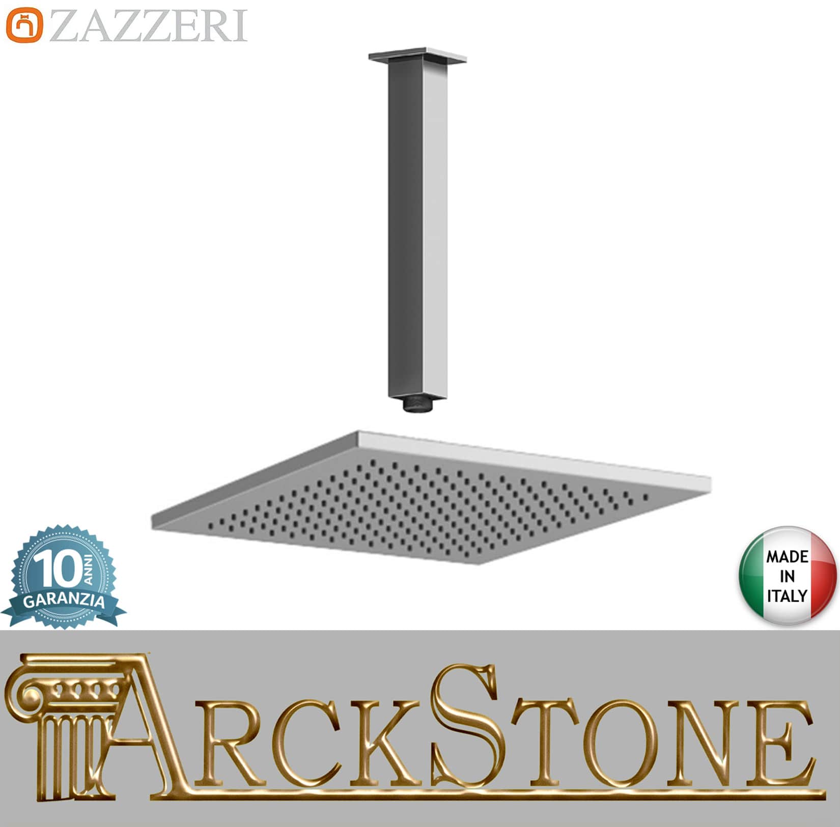 Zazzeri Rubinetterie Qquadro Braccio Doccia in Ottone 253 mm Con Soffione Anticalcare Ispezionabile Quadro 220x220 mm Installazione A Soffitto Stile Moderno Materiale Metallo Finitura Cromato
