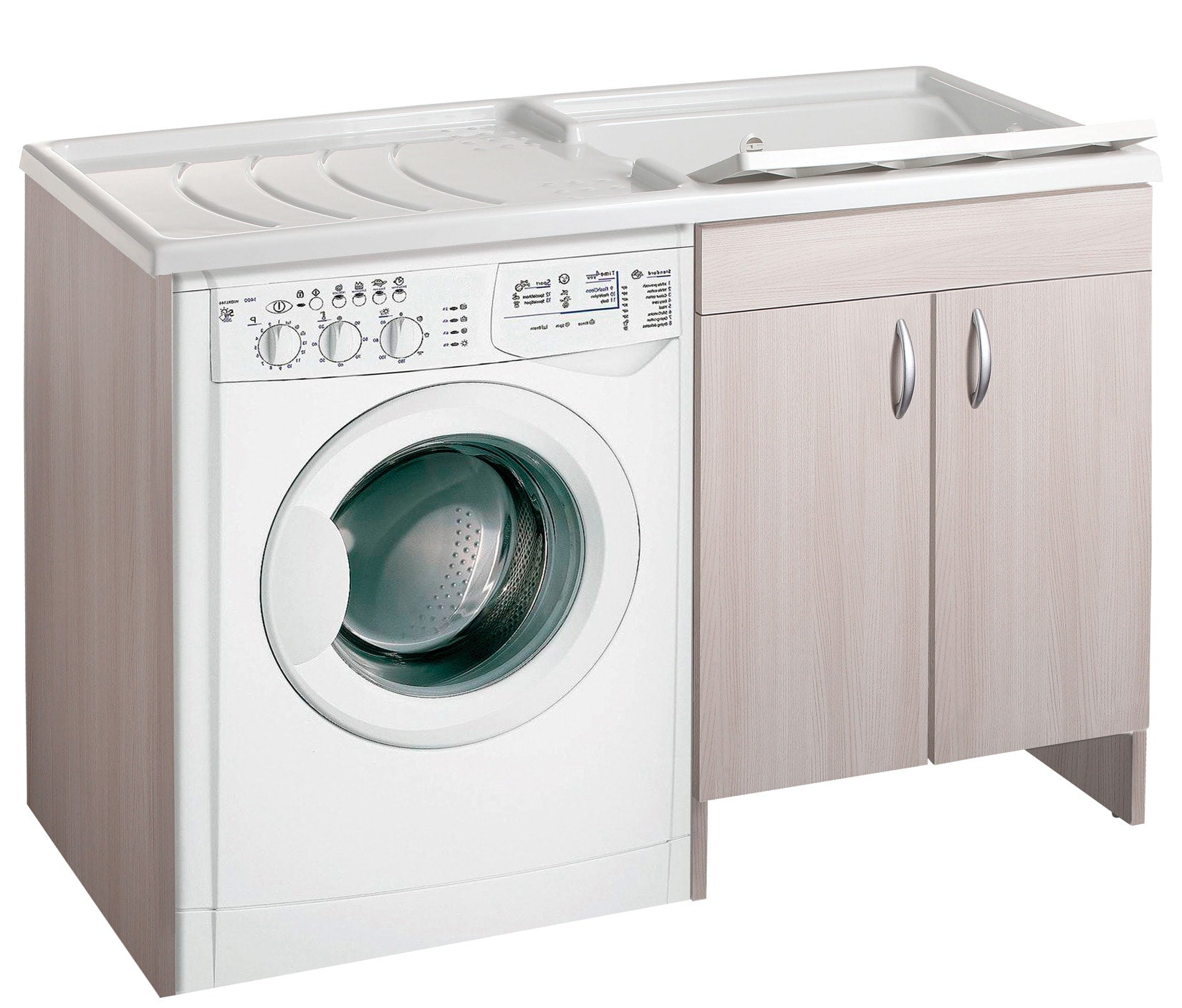 Negrari Eco Mobile Lavatoio Coprilavatrice Montato Vasca Destra DX Lavatrice Sinistra SX Colore Olmo Anta Battente Struttura Legno Nobilitato Idrofugo Vasca Termoformatura Asse Polipropilene Interno Bagno Lavanderia L124 P60 124x60 H92 cm