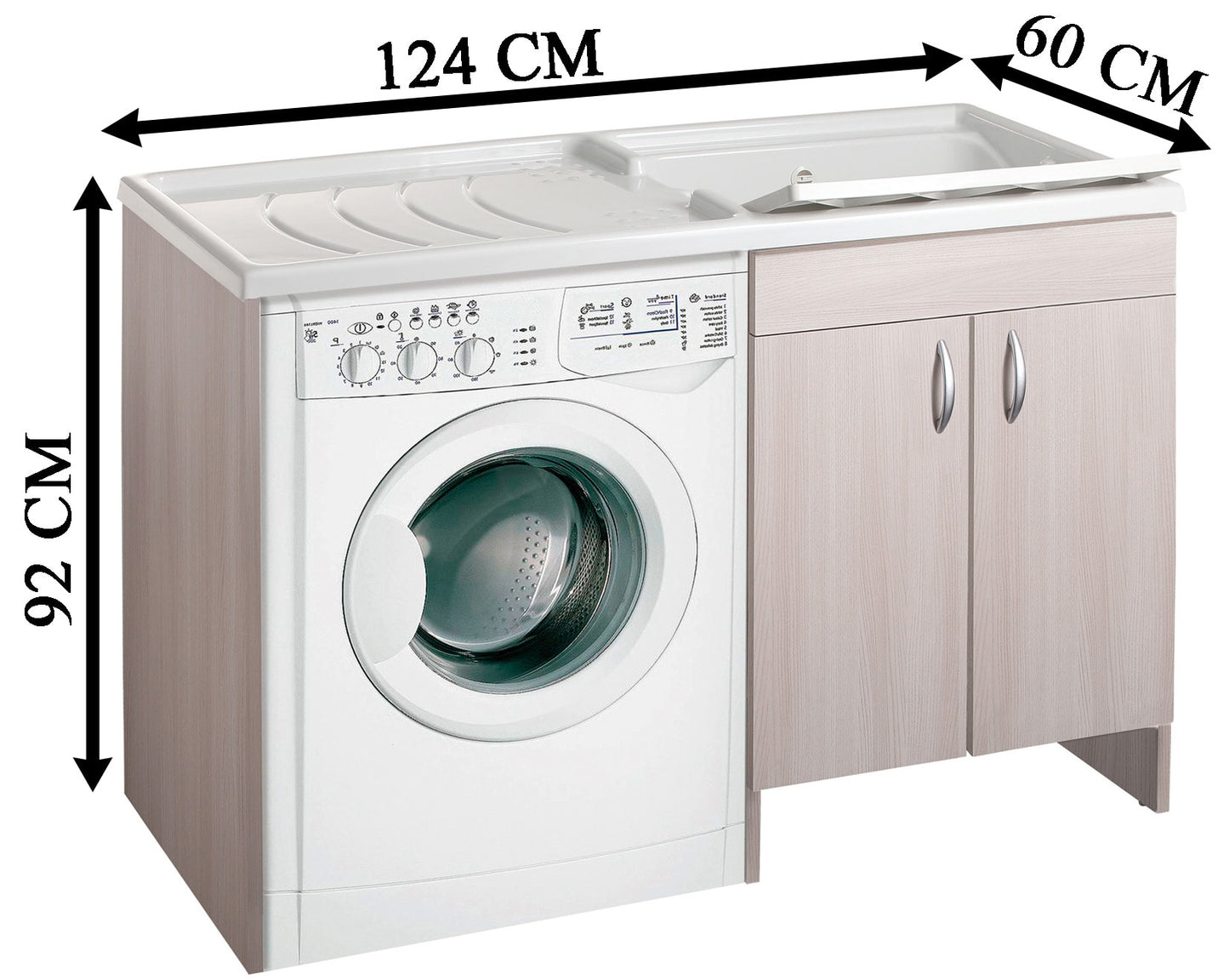 Negrari Eco Mobile Lavatoio Coprilavatrice Montato Vasca Destra DX Lavatrice Sinistra SX Colore Olmo Anta Battente Struttura Legno Nobilitato Idrofugo Vasca Termoformatura Asse Polipropilene Interno Bagno Lavanderia L124 P60 124x60 H92 cm