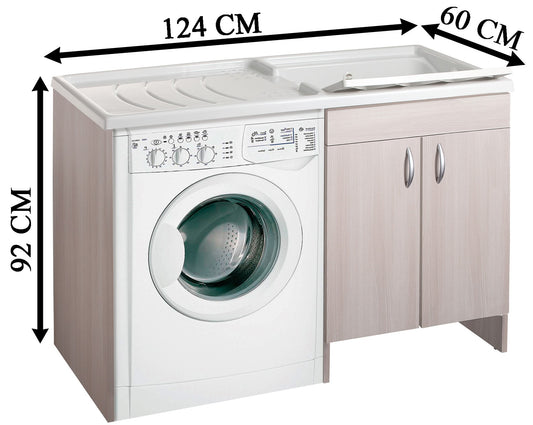 Negrari Eco Mobile Lavatoio Coprilavatrice Montato Vasca Destra DX Lavatrice Sinistra SX Colore Olmo Anta Battente Struttura Legno Nobilitato Idrofugo Vasca Termoformatura Asse Polipropilene Interno Bagno Lavanderia L124 P60 124x60 H92 cm