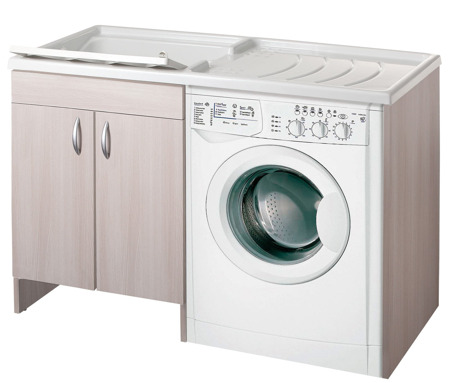 Negrari Eco Mobile Lavatoio Coprilavatrice Montato Vasca Sinistra SX Lavatrice Destra DX Colore Olmo Anta Battente Struttura Legno Nobilitato Idrofugo Vasca Termoformatura Asse Polipropilene Interno Bagno Lavanderia L124 P60 124x60 H92 cm