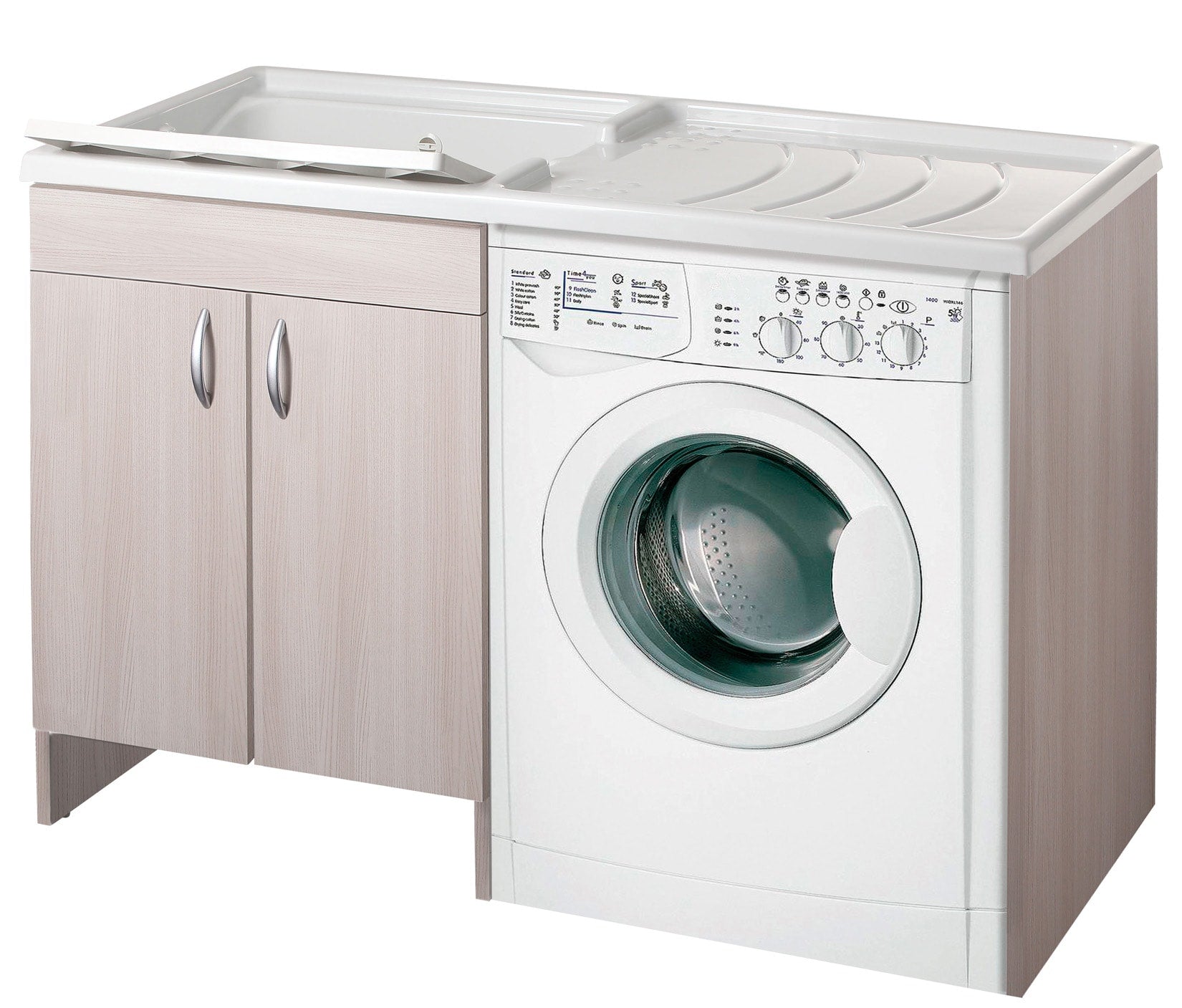 Negrari Eco Mobile Lavatoio Coprilavatrice Montato Vasca Sinistra SX Lavatrice Destra DX Colore Olmo Anta Battente Struttura Legno Nobilitato Idrofugo Vasca Termoformatura Asse Polipropilene Interno Bagno Lavanderia L124 P60 124x60 H92 cm