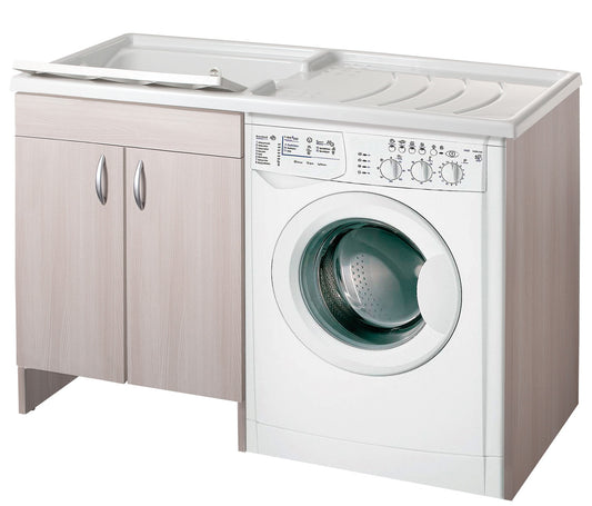 Negrari Eco Mobile Lavatoio Coprilavatrice Montato Vasca Sinistra SX Lavatrice Destra DX Colore Olmo Anta Battente Struttura Legno Nobilitato Idrofugo Vasca Termoformatura Asse Polipropilene Interno Bagno Lavanderia L124 P60 124x60 H92 cm