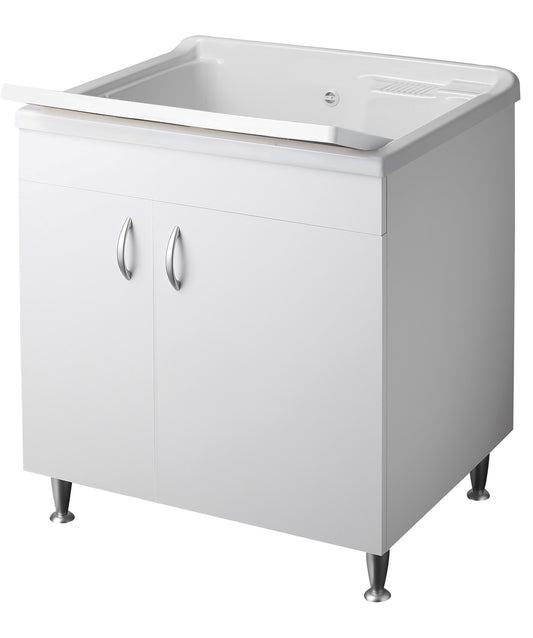 Negrari Eco Bianco Lavatoio Misura 75x60 L75 P60 H85 CM Interno Bagno Lavanderia Base Nobilitato Idrofugo Legno Vasca Intera Grande Lavandino Lavello Resina Plastica Asse PP Sifone Piedini Regolabili Ante Sportelli Battenti Economico Qualità Medio Alta
