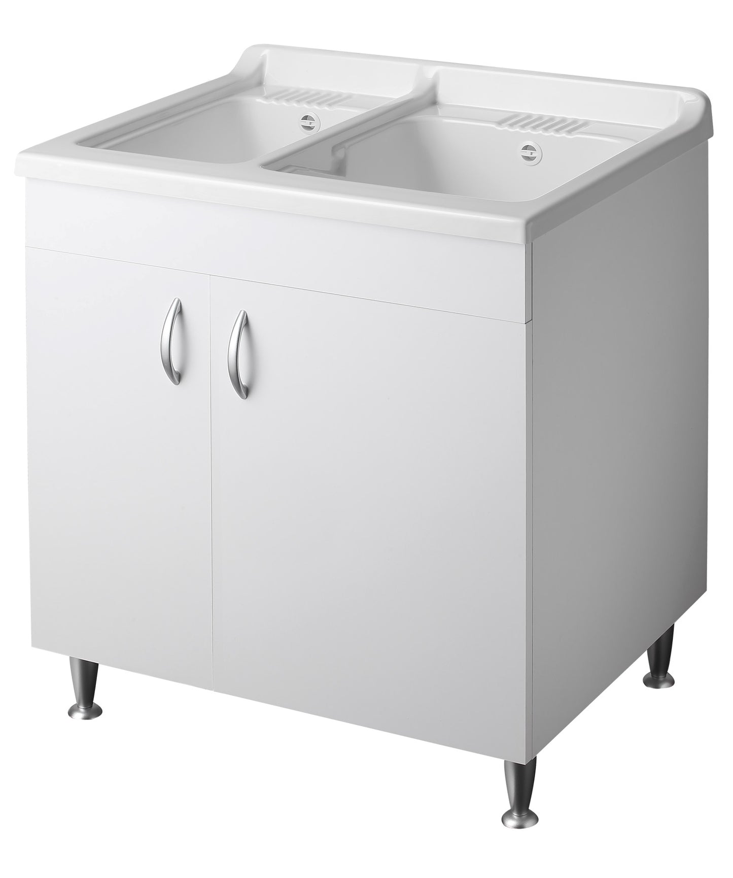 Negrari Eco Bianco Lavatoio 75x60 L75 P60 H85 CM Lavapanni Interno Bagno Lavanderia Base Mobile Nobilitato Idrofugo Legno Due Vasche Lavabo Lavandino Lavello Resina Plastica Asse PP Sifone Piedini Regolabili 2 Ante Sportelli Battenti Qualità Medio Alta