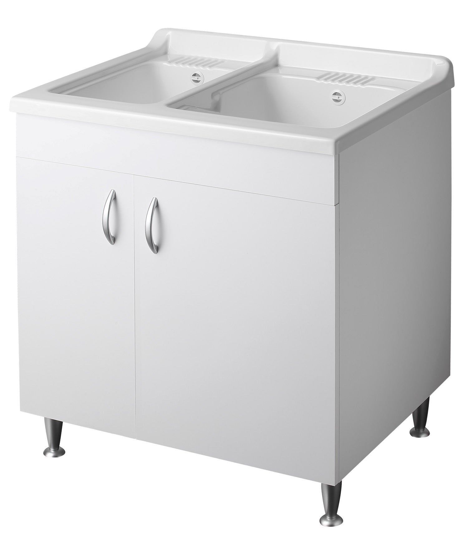 Negrari Eco Bianco Lavatoio 75x60 L75 P60 H85 CM Lavapanni Interno Bagno Lavanderia Base Mobile Nobilitato Idrofugo Legno Due Vasche Lavabo Lavandino Lavello Resina Plastica Asse PP Sifone Piedini Regolabili 2 Ante Sportelli Battenti Qualità Medio Alta