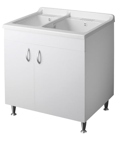 Negrari Eco Bianco Lavatoio 75x60 L75 P60 H85 CM Lavapanni Interno Bagno Lavanderia Base Mobile Nobilitato Idrofugo Legno Due Vasche Lavabo Lavandino Lavello Resina Plastica Asse PP Sifone Piedini Regolabili 2 Ante Sportelli Battenti Qualità Medio Alta