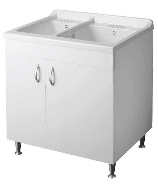 Negrari Eco Bianco Lavatoio 75x60 L75 P60 H85 CM Lavapanni Interno Bagno Lavanderia Base Mobile Nobilitato Idrofugo Legno Due Vasche Lavabo Lavandino Lavello Resina Plastica Asse PP Sifone Piedini Regolabili 2 Ante Sportelli Battenti Qualità Medio Alta