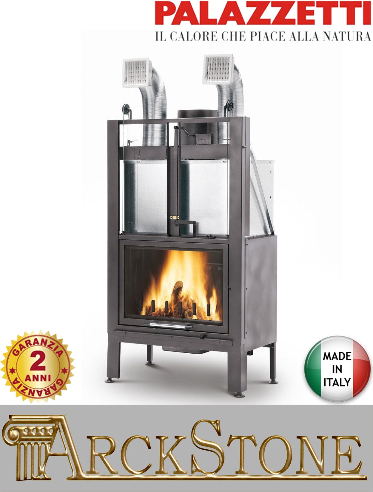 Camino a Legna Chiuso ad Aria Convezione Circolazione Naturale Canalizzata Riscaldamento per Irraggiamento Palazzetti Ecomonoblocco EL 78 Frontale Easy Line O2Ring Potenza 18,6 kW Materiale Ghisa Portina Vetro Ceramico Misura 86x55x166 cm 