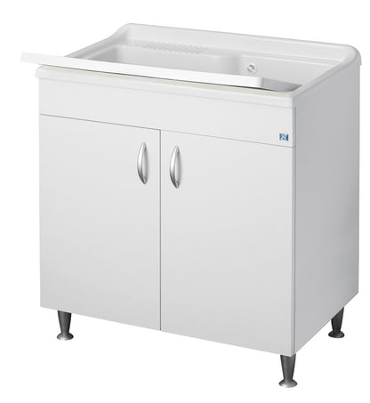 Negrari Eco Bianco Lavatoio 80x50 L80 P50 H85 CM Arredo Lavapanni Interno Bagno Lavanderia Base Mobile Nobilitato Idrofugo Legno Vasca Grande Intera Lavabo Lavandino Resina Plastica Asse PP Sifone Piedini Ante Sportelli Battenti Qualità Medio Alta  