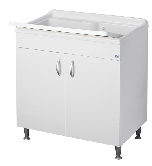 Negrari Eco Bianco Lavatoio 80x50 L80 P50 H85 CM Arredo Lavapanni Interno Bagno Lavanderia Base Mobile Nobilitato Idrofugo Legno Vasca Grande Intera Lavabo Lavandino Resina Plastica Asse PP Sifone Piedini Ante Sportelli Battenti Qualità Medio Alta  