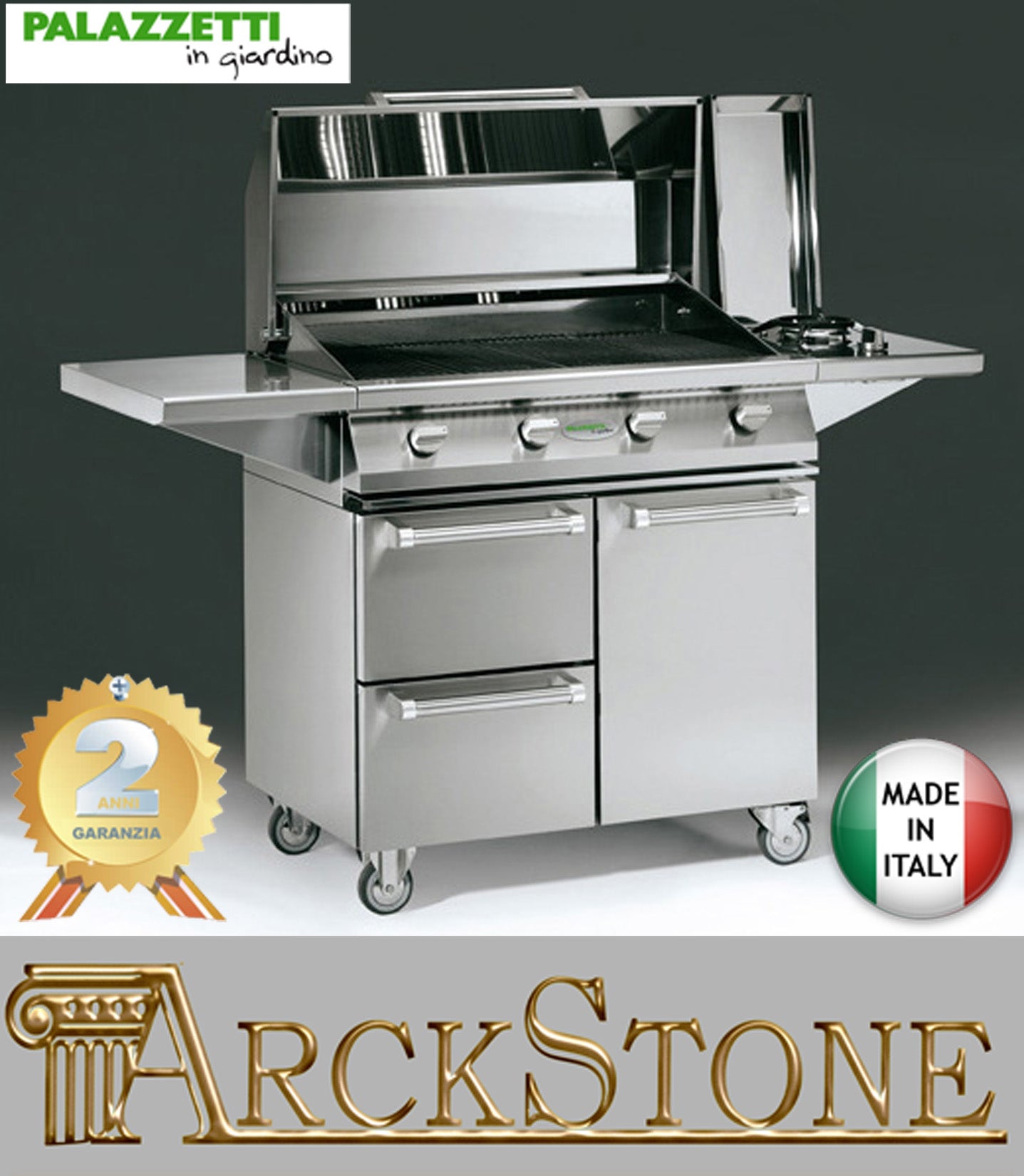 Palazzetti in Giardino Alain Barbecue Acciaio a Gas GPL Metano 3 Griglie Cottura 160x60xh109 cm
