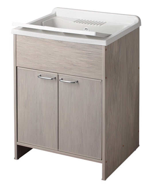 Negrari Garden Kit Montaggio Mobile Lavatoio Lavapanni Casa Marca Misura L60P50H85 60x50 H85 CM Effetto Legno Rovere Lavanderia Bagno Antine Sportelli Battente Interno Esterno Maniglie Vasca Asse Lavaggio Lavabo Plastica Resina PVC Sifone Resistente Acqua