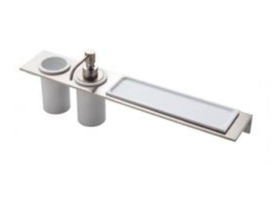 Rubinetterie Treemme 3M 5MM IT 9074 IS ZZ ZZ Portadosatore Portabicchiere E Portaoggetti Bagno Incasso A Parete Materiale Acciaio INOX Finitura Acciaio Inox Dosatore Bicchiere E Mensola In Corian 492x90 mm