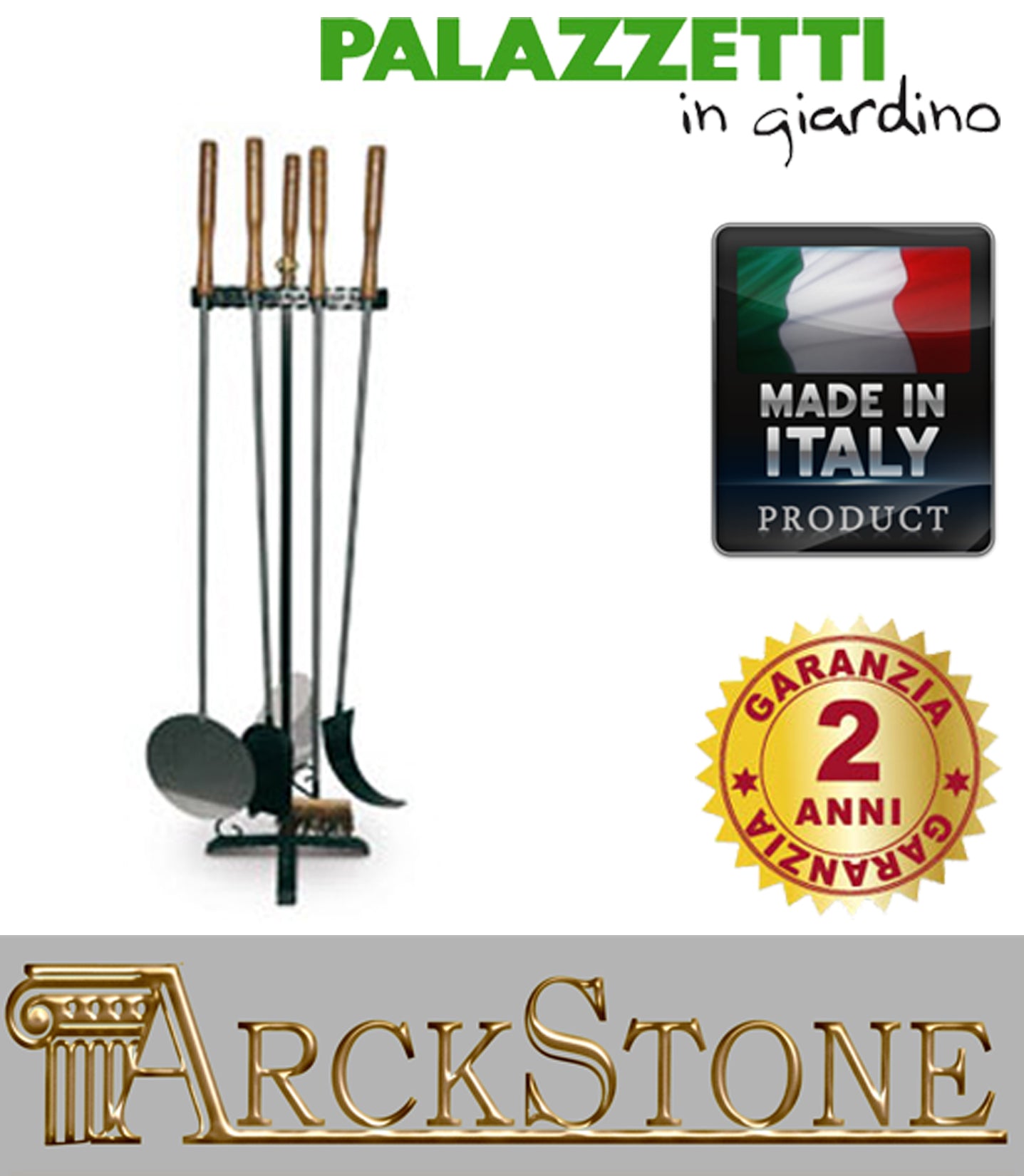 Palazzetti in Giardino Kit Attrezzi Per Forno Per gestire Con Facilità Cottura e Pulizia Composto da una Piantana in Acciaio Verniciato Completa di: Pala Pizza Rettangolare Tonda Diametro Ø 27 cm Spazzolone Pulisci Forno Paletta Raccogli Cenere Raschietto