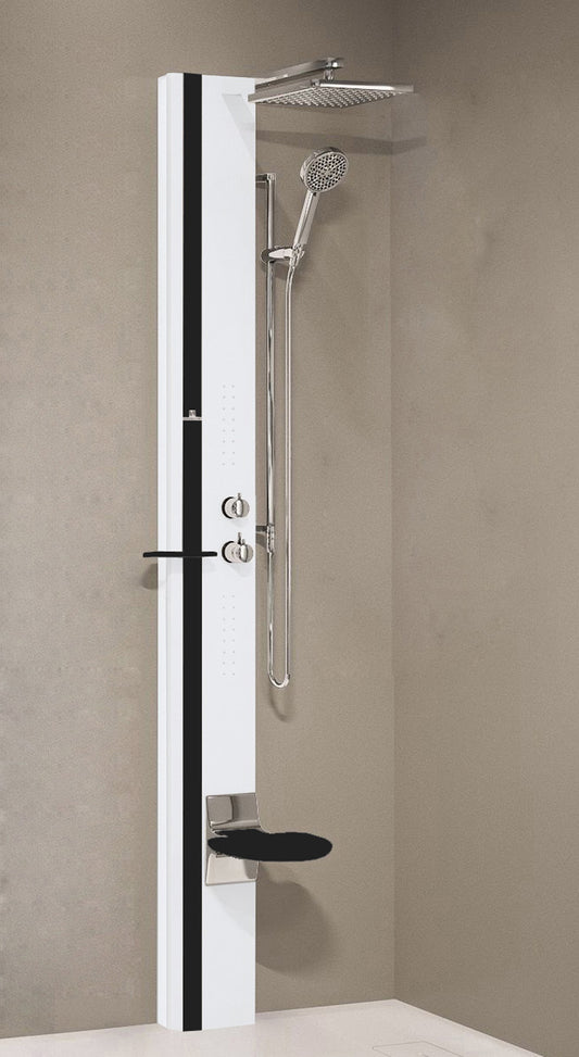 Colonna Doccia Novellini Line 1 Idromassaggio Idro Attrezzata Miscelatore Termostatico Colore Argento Fascia Mensola Sedile Nero Opaco Soffione Pioggia 200x200 mm Ripiano Porta Oggetti Doccetta Mano Installabile Angolo Parete Misura 22x57,5xH215 cm