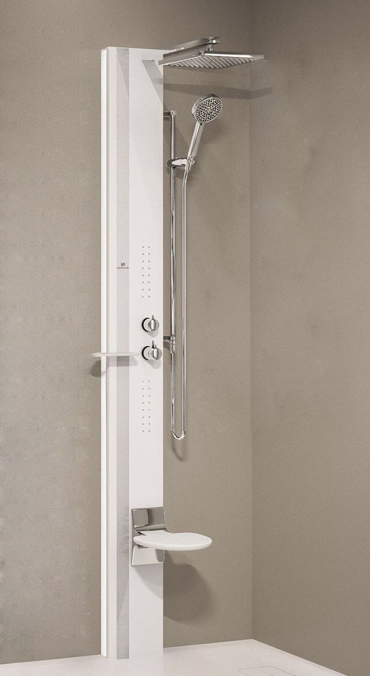 Colonna Doccia Novellini Line 1 Idromassaggio Idro Attrezzata Miscelatore Meccanico Colore Sedile Bianco Opaco Fascia Mensola Silver Soffione Pioggia 200x200 mm Ripiano Porta Oggetti Doccetta Mano Installabile Angolo Parete Misura 22x57,5xH215 cm