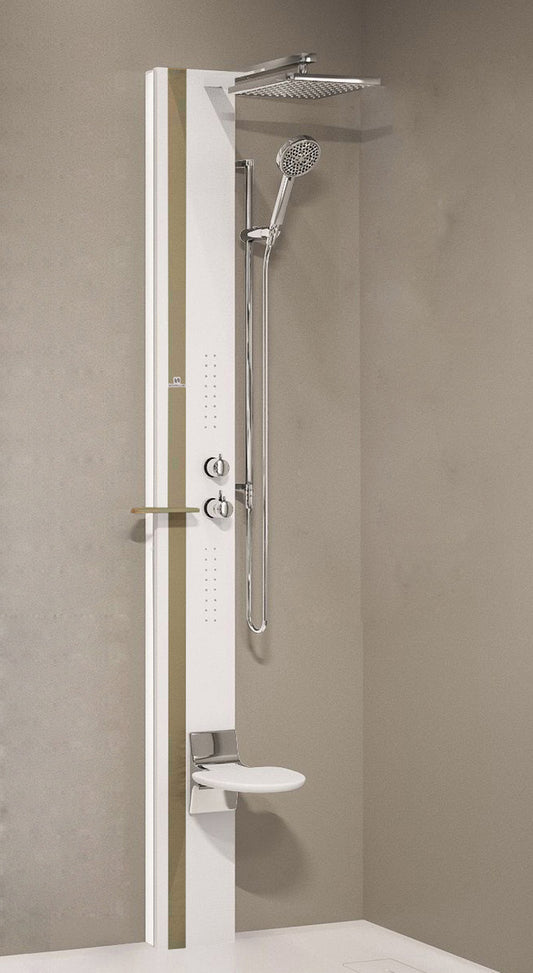 Colonna Doccia Novellini Line 1 Idromassaggio Idro Attrezzata Miscelatore Termostatico Colore Sedile Bianco Opaco Fascia Mensola Tortora Soffione Pioggia 200x200mm Ripiano Porta Oggetti Doccetta Mano Installabile Angolo Parete Misura 22x57,5xH215 cm