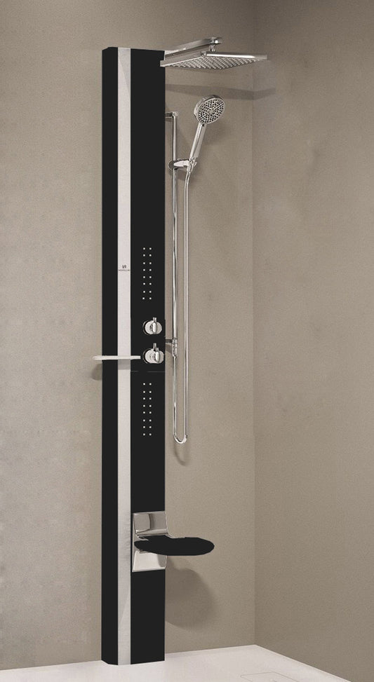 Colonna Doccia Novellini Line 1 Idromassaggio Idro Attrezzata Miscelatore Termostatico Colore Sedile Nero Opaco Fascia Mensola Argento Soffione Pioggia 200x200 mm Ripiano Porta Oggetti Doccetta Mano Installabile Angolo Parete Misura 22x57,5xH215 cm