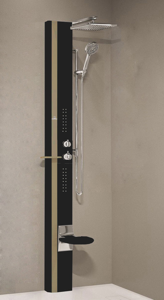Colonna Doccia Novellini Line 1 Idromassaggio Idro Attrezzata Miscelatore Meccanico Colore Sedile Nero Opaco Fascia Mensola Tortora Soffione Pioggia 200x200 mm Ripiano Porta Oggetti Doccetta Mano Installabile Angolo Parete Misura 22x57,5xH215 cm