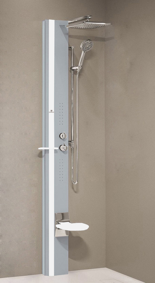 Colonna Doccia Novellini Line 1 Idromassaggio Idro Attrezzata Miscelatore Termostatico Colore Silver Fascia Mensola Sedile Bianco Opaco Soffione Pioggia 200x200 mm Ripiano Porta Oggetti Doccetta Mano Installabile Angolo Parete Misura 22x57,5xH215 cm