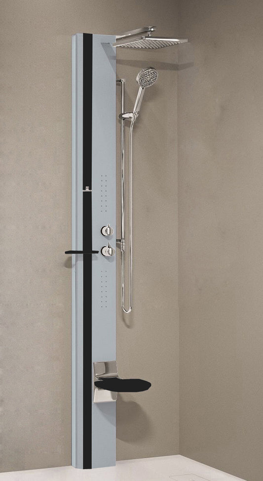 Colonna Doccia Novellini Line 1 Idromassaggio Idro Attrezzata Miscelatore Meccanico Colore Silver Fascia Mensola Sedile Nero Opaco Soffione Pioggia 200x200 mm Ripiano Porta Oggetti Doccetta Mano Installabile Angolo Parete Misura 22x57,5xH215 cm