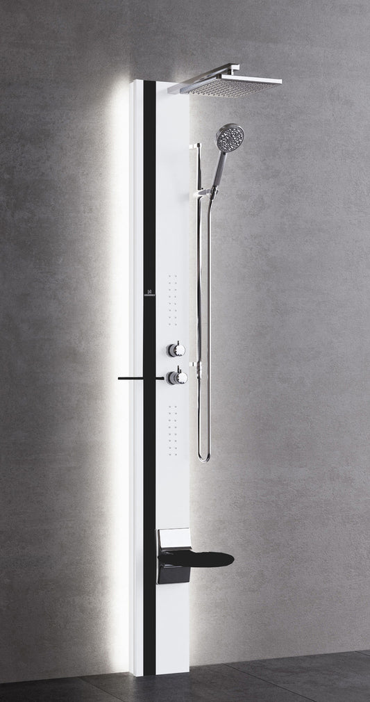 Colonna Doccia Novellini Line 1 Light Idro Idromassaggio Led Attrezzata Miscelatore Termostatico Colore Argento Fascia Mensola Sedile Nero Opaco Soffione 200x200 mm Ripiano Porta Oggetti Doccetta Installabile Angolo Parete Misura 22x57,5xH215 cm