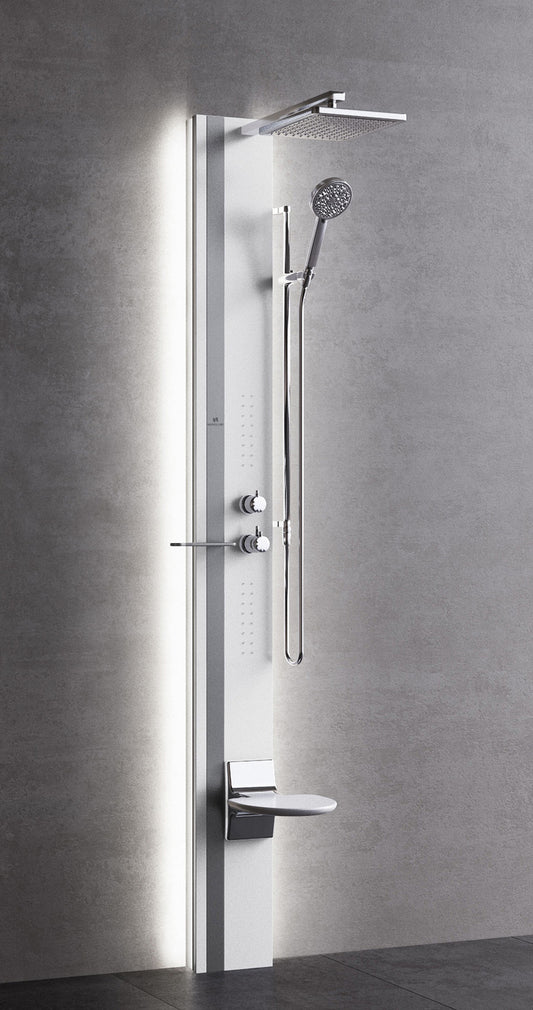 Colonna Doccia Novellini Line 1 Light Idro Idromassaggio Led Attrezzata Miscelatore Termostatico Colore Sedile Bianco Opaco Fascia Mensola Silver Soffione 200x200 mm Ripiano Porta Oggetti Doccetta Installabile Angolo Parete Misura 22x57,5xH215 cm