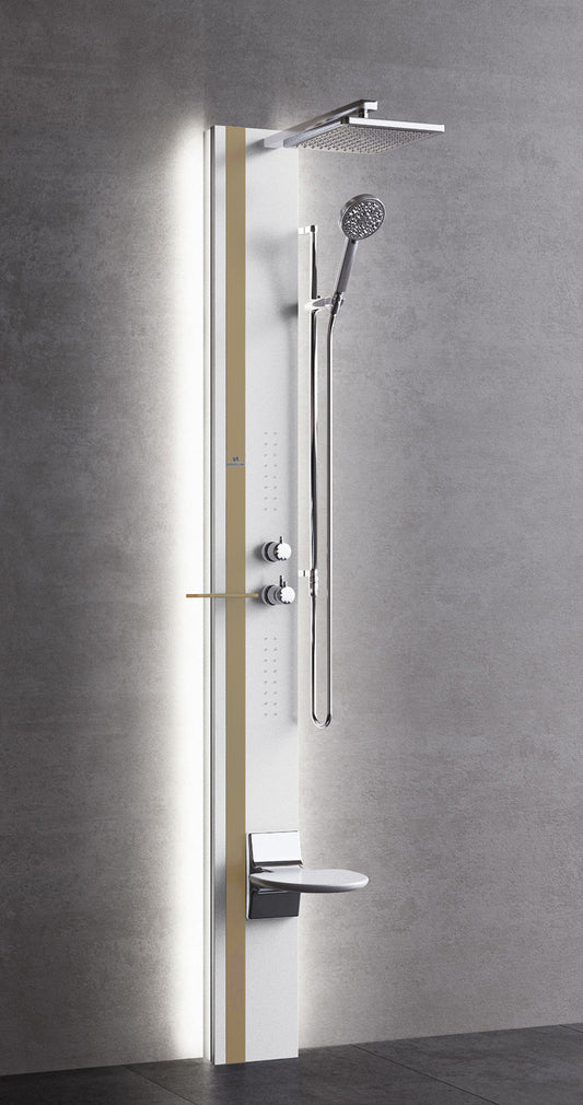 Colonna Doccia Novellini Line 1 Light Idro Idromassaggio Led Attrezzata Miscelatore Termostatico Colore Sedile Bianco Opaco Fascia Mensola Tortora Soffione 200x200mm Ripiano Porta Oggetti Doccetta Installabile Angolo Parete Misura 22x57,5xH215 cm