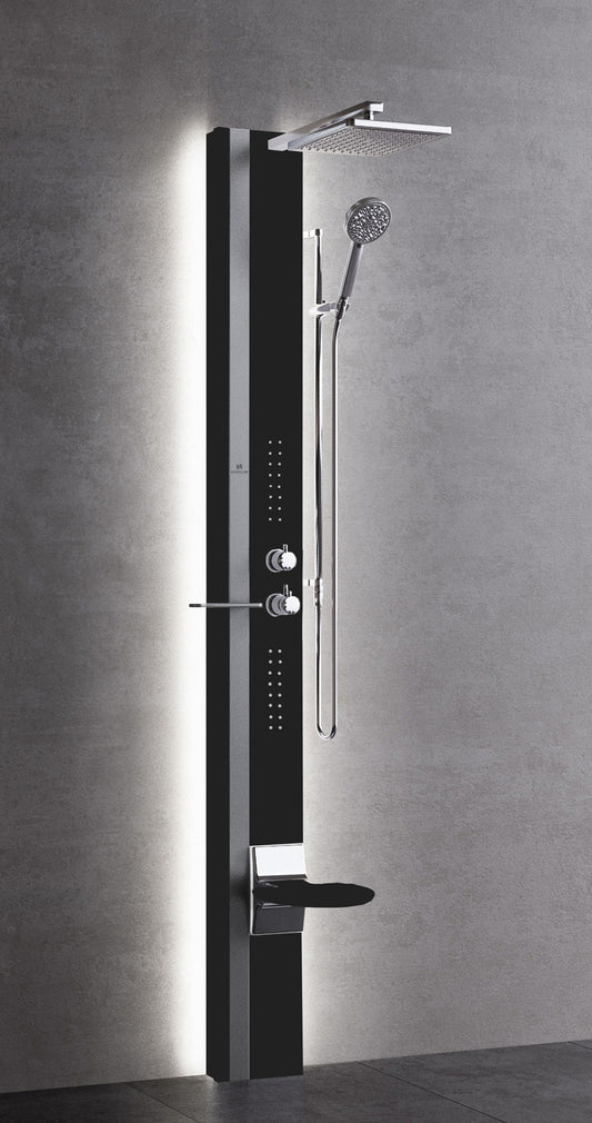Colonna Doccia Novellini Line 1 Light Idro Idromassaggio Led Attrezzata Miscelatore Termostatico Colore Sedile Nero Opaco Fascia Mensola Argento Soffione 200x200 mm Ripiano Porta Oggetti Doccetta Installabile Angolo Parete Misura 22x57,5xH215 cm