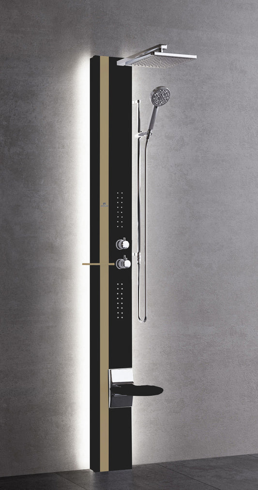 Colonna Doccia Novellini Line 1 Light Idro Idromassaggio Led Attrezzata Miscelatore Meccanico Colore Sedile Nero Opaco Fascia Mensola Tortora Soffione 200x200 mm Ripiano Porta Oggetti Doccetta Installabile Angolo Parete Misura 22x57,5xH215 cm