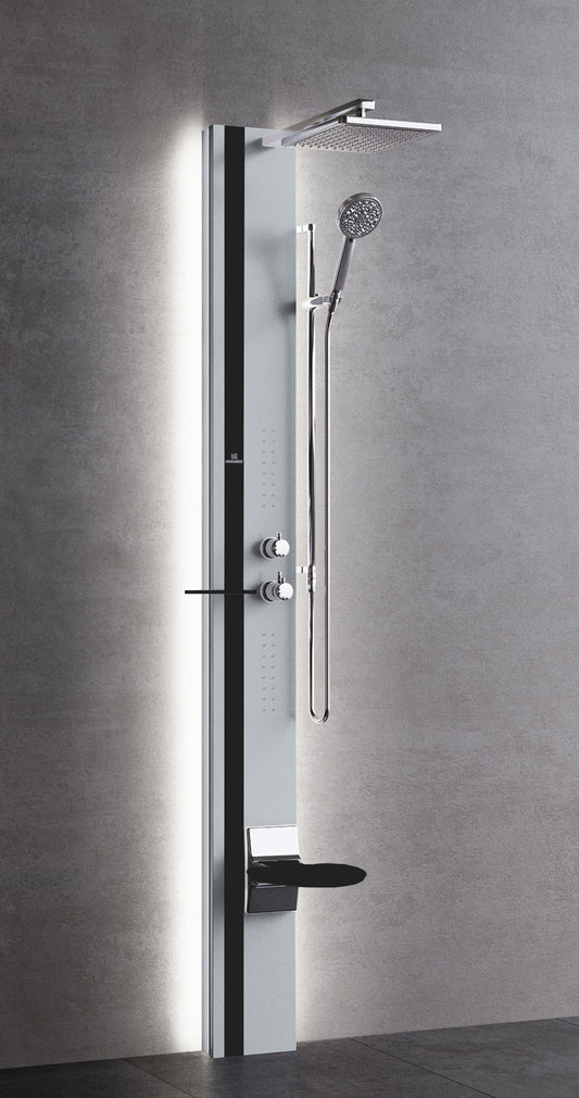Colonna Doccia Novellini Line 1 Light Idro Idromassaggio Led Attrezzata Miscelatore Meccanico Colore Silver Fascia Mensola Sedile Nero Opaco Soffione 200x200 mm Ripiano Porta Oggetti Doccetta Installabile Angolo Parete Misura 22x57,5xH215 cm