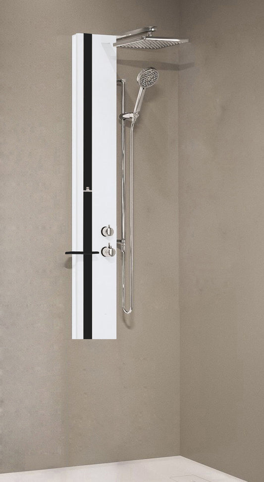 Colonna Doccia Novellini Line 2 Standard Attrezzata Miscelatore Meccanico Colore Argento Fascia Mensola Nero Opaco Soffione Pioggia 200x200 mm Ripiano Porta Oggetti Doccetta Mano Flessibile Installabile Angolo Parete Misura 22x57,5xH150 cm 