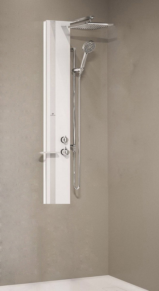 Colonna Doccia Novellini Line 2 Standard Attrezzata Miscelatore Meccanico Colore Bianco Opaco Fascia Mensola Silver Soffione Pioggia 200x200 mm Ripiano Porta Oggetti Doccetta Mano Flessibile Installabile Angolo Parete Misura 22x57,5xH150 cm