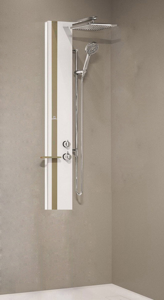 Colonna Doccia Novellini Line 2 Standard Attrezzata Miscelatore Termostatico Colore Bianco Opaco Fascia Mensola Tortora Soffione Pioggia 200x200mm Ripiano Porta Oggetti Doccetta Mano Flessibile Installabile Angolo Parete Misura 22x57,5xH150 cm