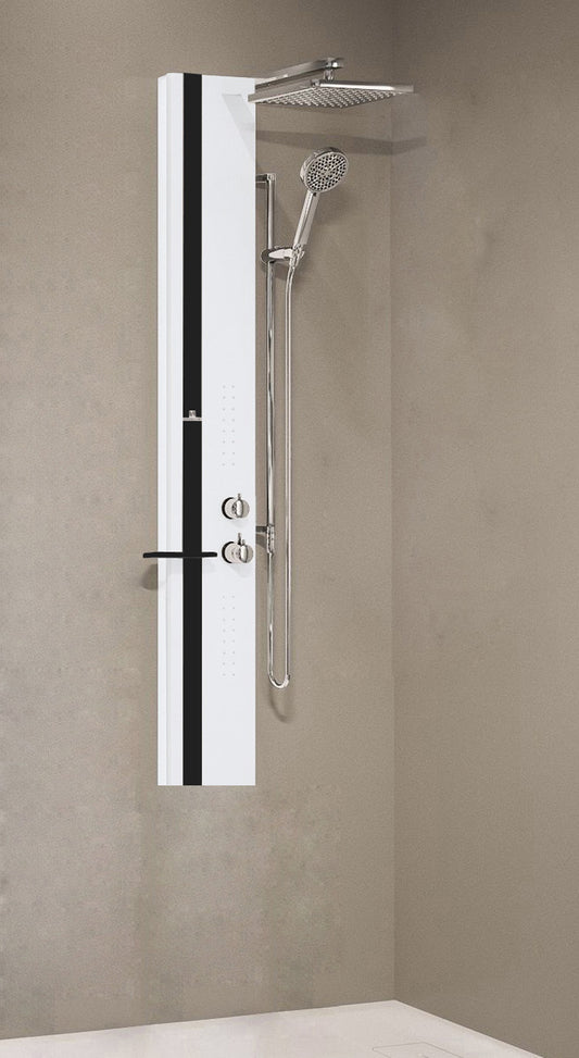 Colonna Doccia Novellini Line 2 Idromassaggio Idro Attrezzata Miscelatore Meccanico Colore Argento Fascia Mensola Nero Opaco Soffione Pioggia 200x200 mm Ripiano Porta Oggetti Doccetta Mano Installabile Angolo Parete Misura 22x57,5xH150 cm 