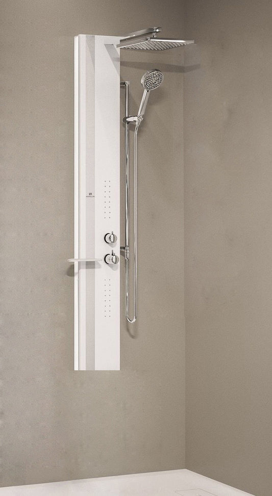 Colonna Doccia Novellini Line 2 Idromassaggio Idro Attrezzata Miscelatore Termostatico Colore Bianco Opaco Fascia Mensola Silver Soffione Pioggia 200x200 mm Ripiano Porta Oggetti Doccetta Mano Installabile Angolo Parete Misura 22x57,5xH150 cm