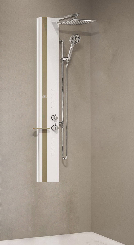 Colonna Doccia Novellini Line 2 Idromassaggio Idro Attrezzata Miscelatore Meccanico Colore Bianco Opaco Fascia Mensola Tortora Soffione Pioggia 200x200 mm Ripiano Porta Oggetti Doccetta Mano Installabile Angolo Parete Misura 22x57,5xH150 cm