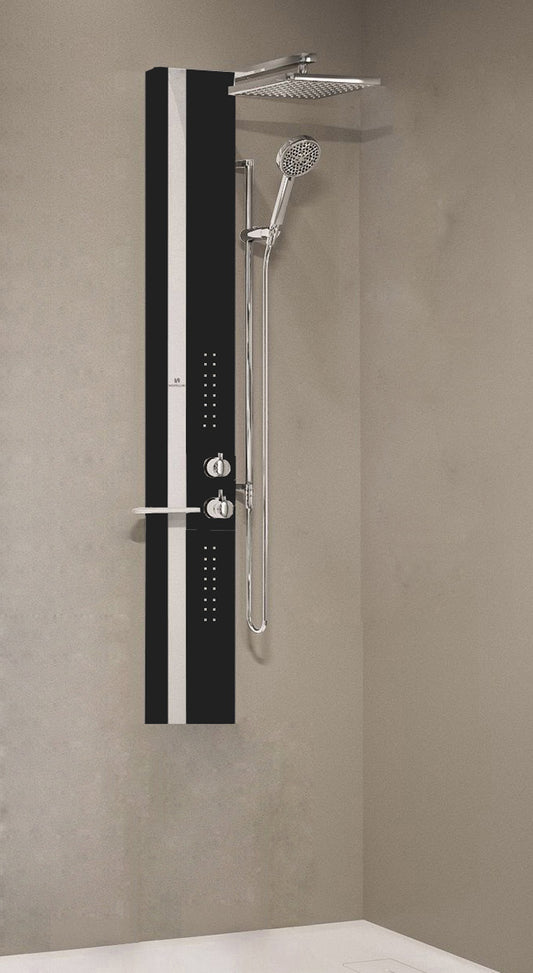 Colonna Doccia Novellini Line 2 Idromassaggio Idro Attrezzata Miscelatore Meccanico Colore Nero Opaco Fascia Mensola Argento Soffione Pioggia 200x200 mm Ripiano Porta Oggetti Doccetta Mano Installabile Angolo Parete Misura 22x57,5xH150 cm